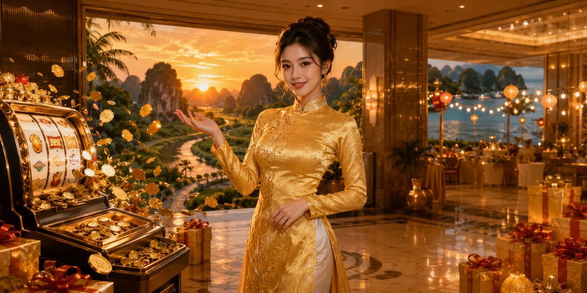 Phong cảnh Ninh Bình với hình ảnh người chơi slot game trực tuyến mặc áo dài bên cạnh cảnh quan thiên nhiên